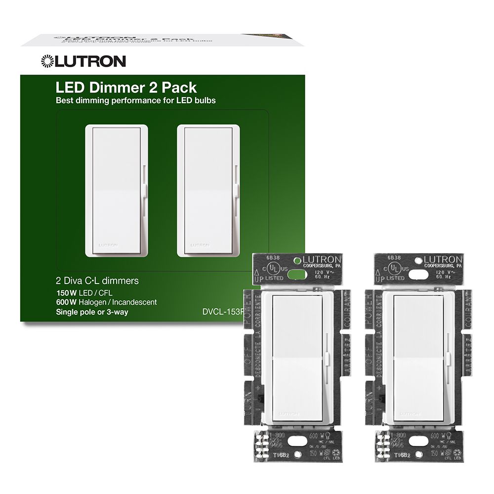 Lutron Diva LED+ Single-Pole or 3-Way Dimmer Switch for Dimmable LED/Halogen/Incandescent Bulbs in White (2-Pack)