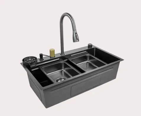 Multifunctional Handmade Waterfall Kitchen Sink Workstation Set with Faucet and Accessories 32x18x9