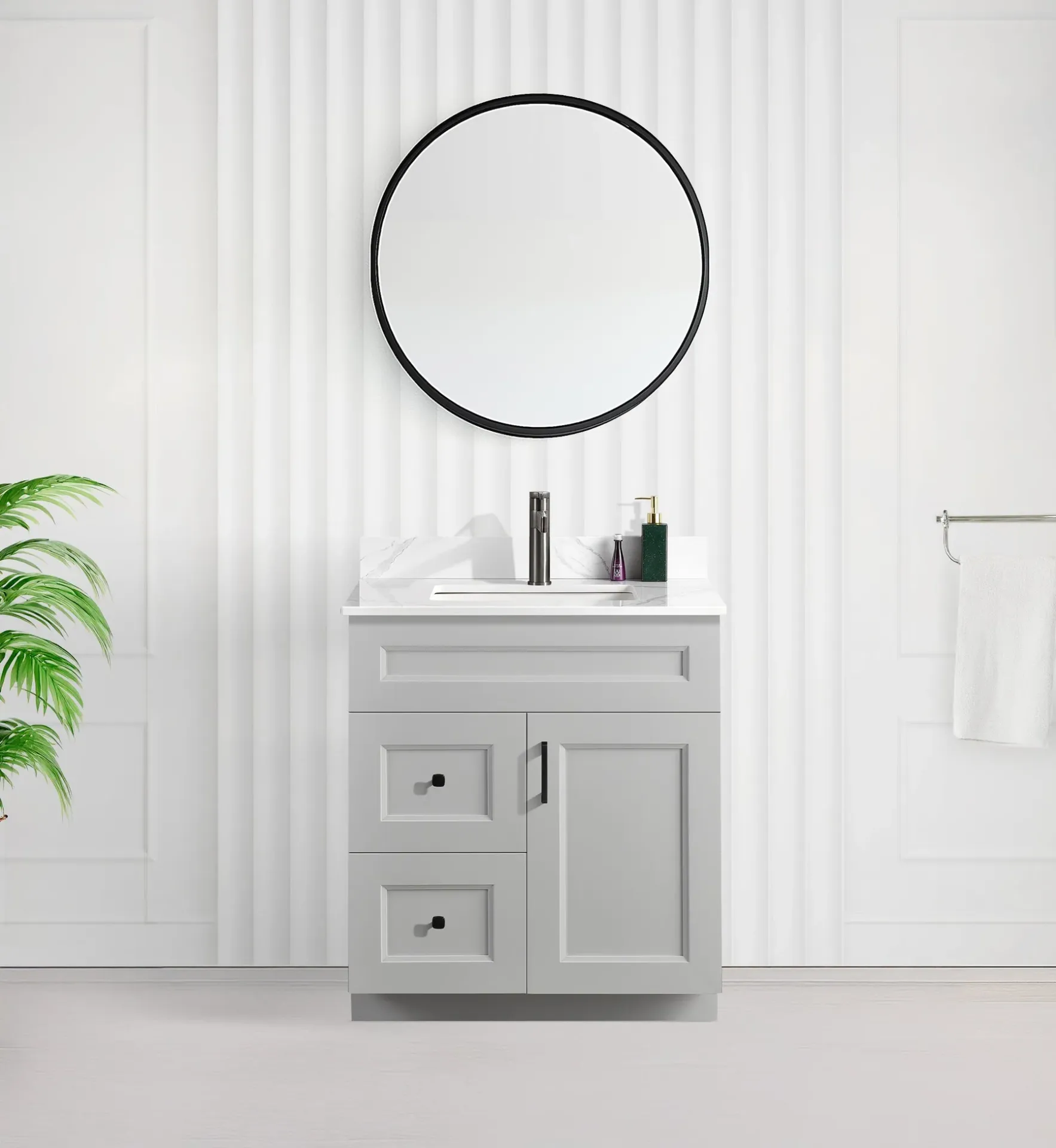 30" Shaker Bathroom Vanity With Quartz Countertop& LH Drawers