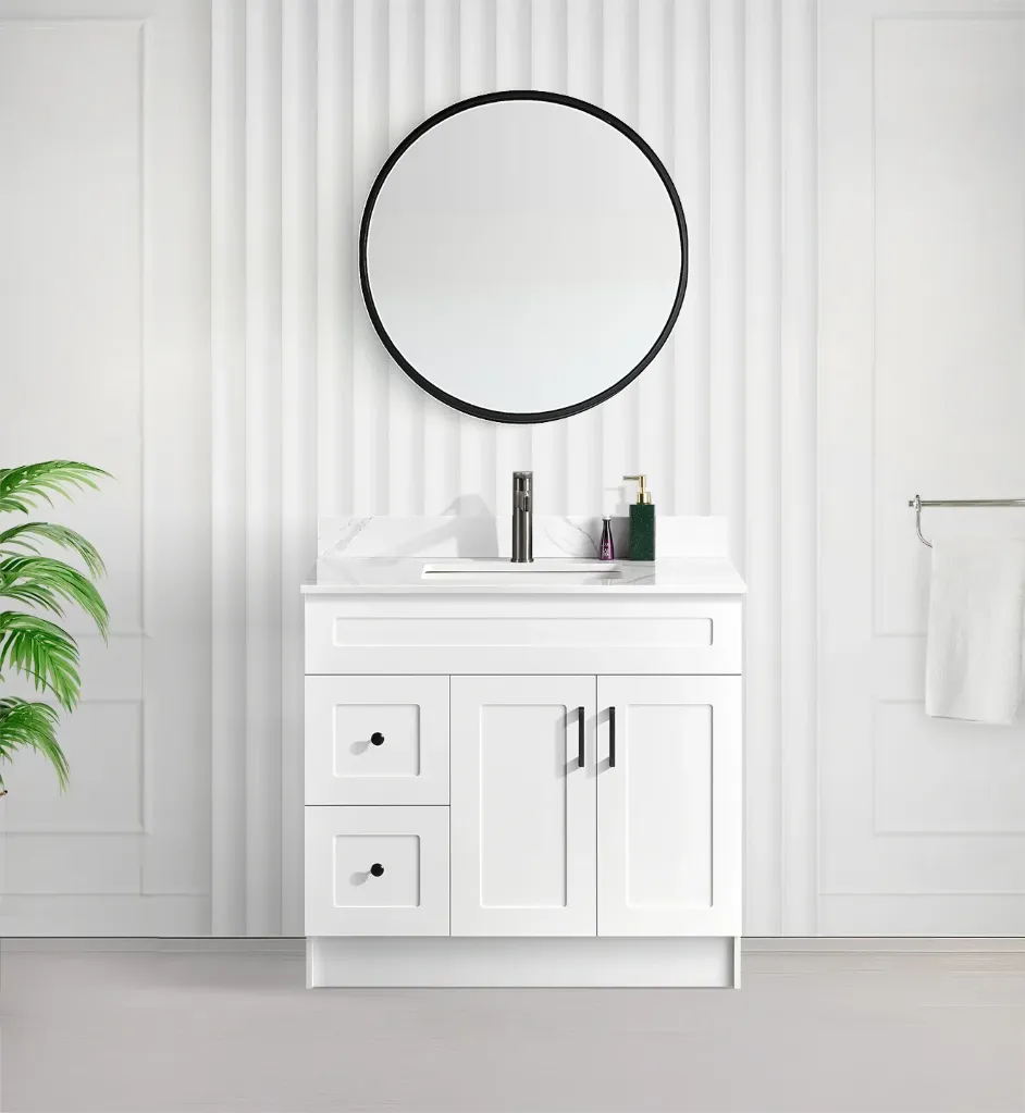 36" Shaker Bathroom Vanity With Quartz Countertop& LH Drawers